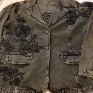 Coldwater Creek denim jacket, olive/dark green with embroidery, size 12